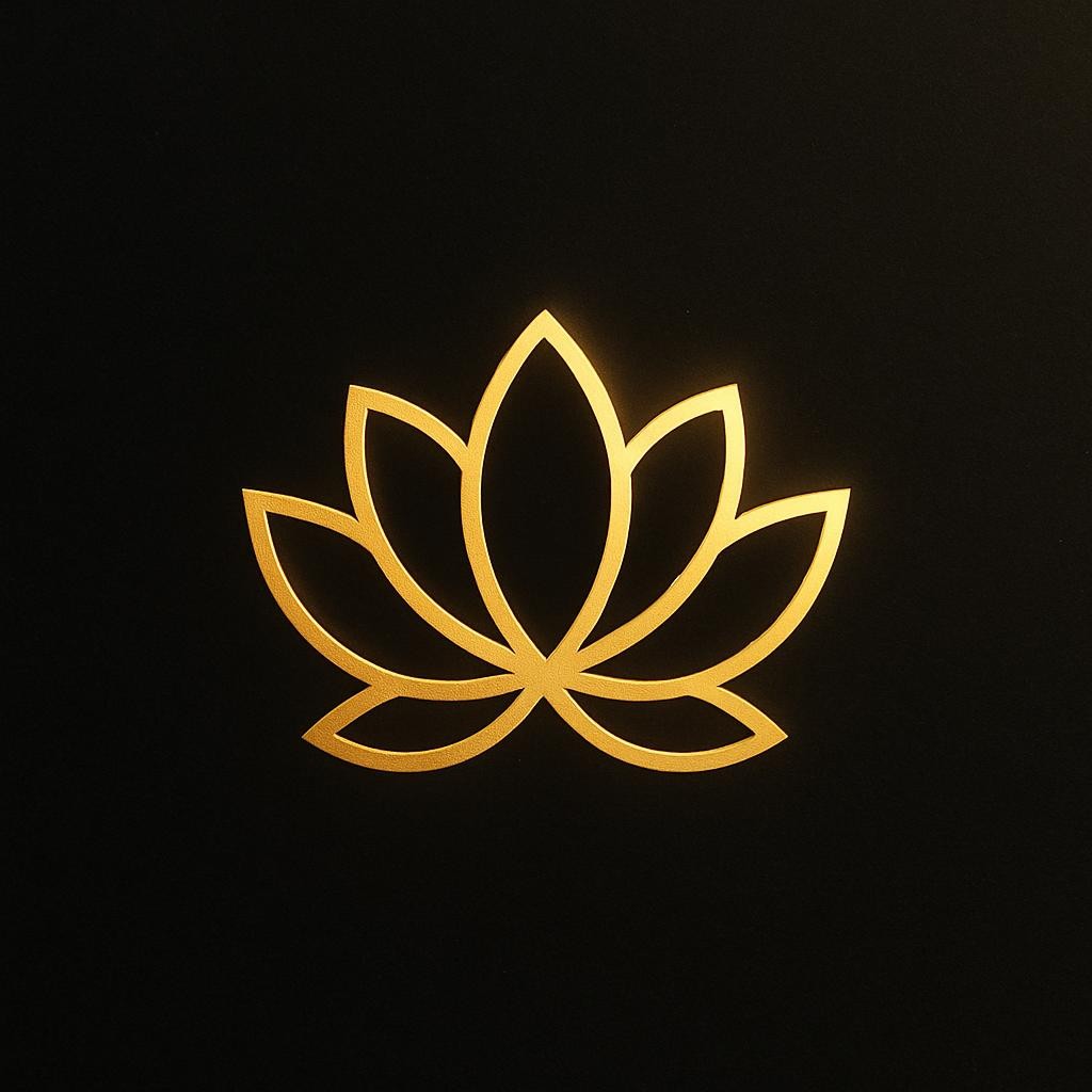 minimal, elegant golden lotus flower icon with a subtle glow or gold gradient, matching the cosmic gold brand theme of 'Living The Signal'. For use as a navigation/menu/site logo icon. Clean lines, refined, harmonious with luxury and cosmic imagery. Icon sized and aligned to match accompanying menu text.